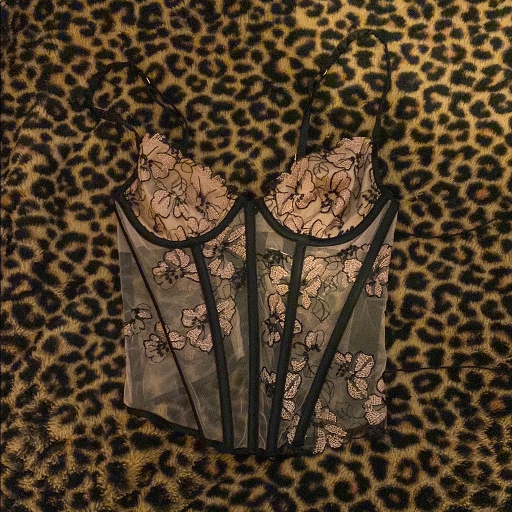 Victoria's Secret Black and Cream Floral Lace Bra Corset 32b